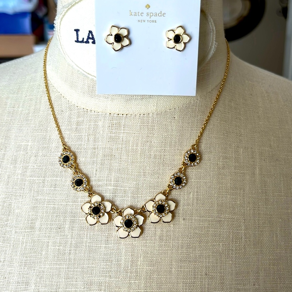 kate spade Gold-Tone Cream & Black Floral Necklace with Matching Studs